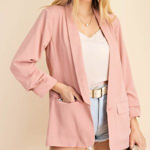 Kori America Open front, ruched sleeve blazer, mauve.